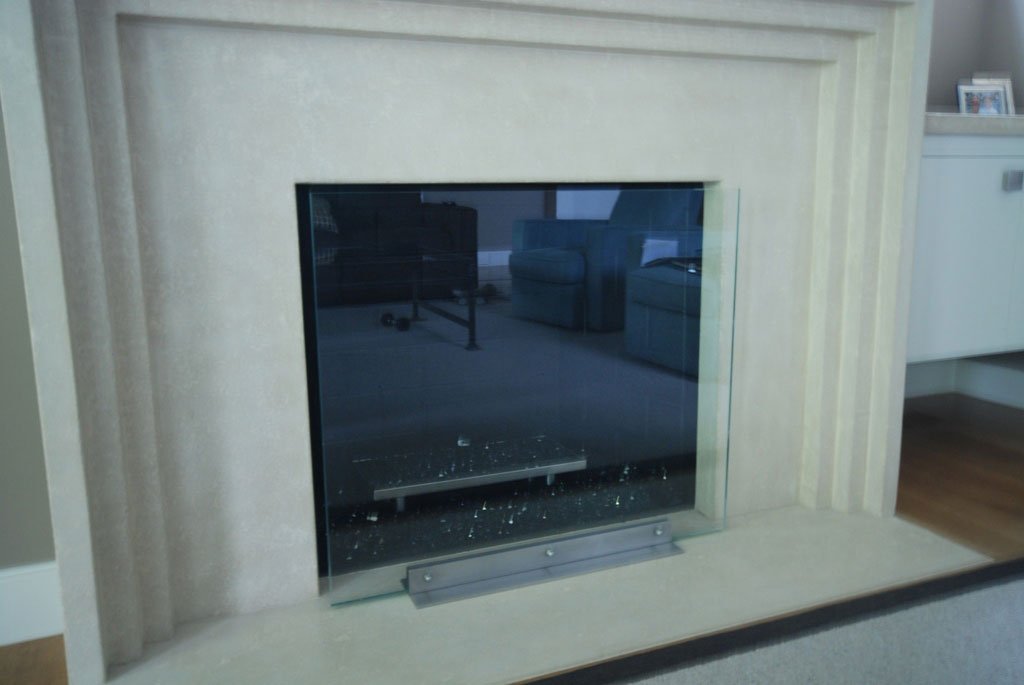Custom Glass Fireplace Screen by River Glass Designs